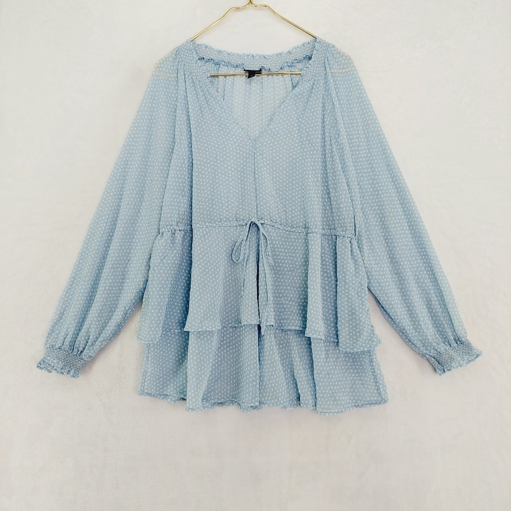 Torrid Chiffon Baby Blue Long Sleeve Crinkle Chiffon Drawstring Blouse P4556